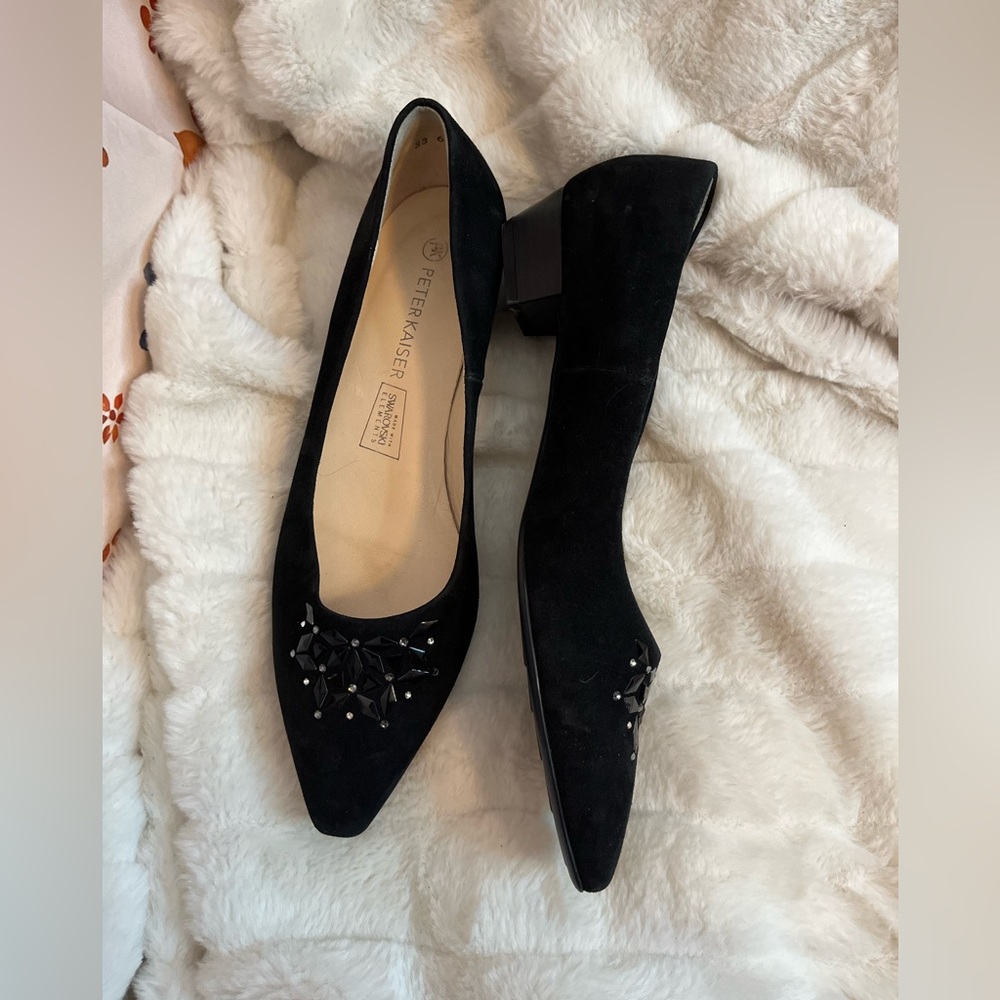 Peter Kaiser 8.5 Black Suede Point Toe Swarovski Elements Dressy Designer Flats
